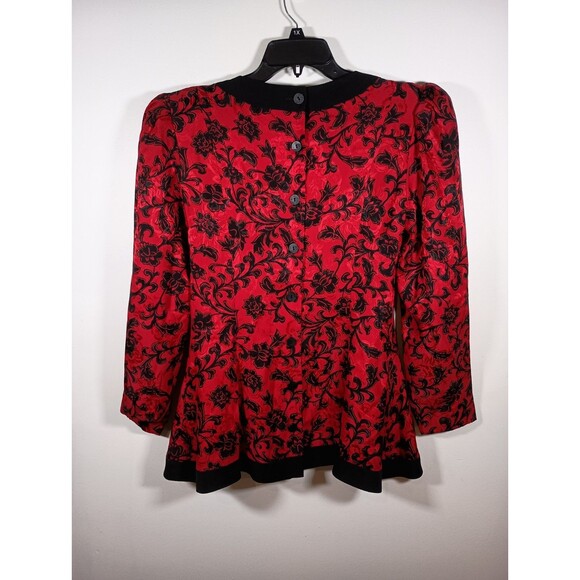 Vintage Richard Warren Silk Peplum Button Long Sleeve Floral Red Top Size 10 - Picture 9 of 9